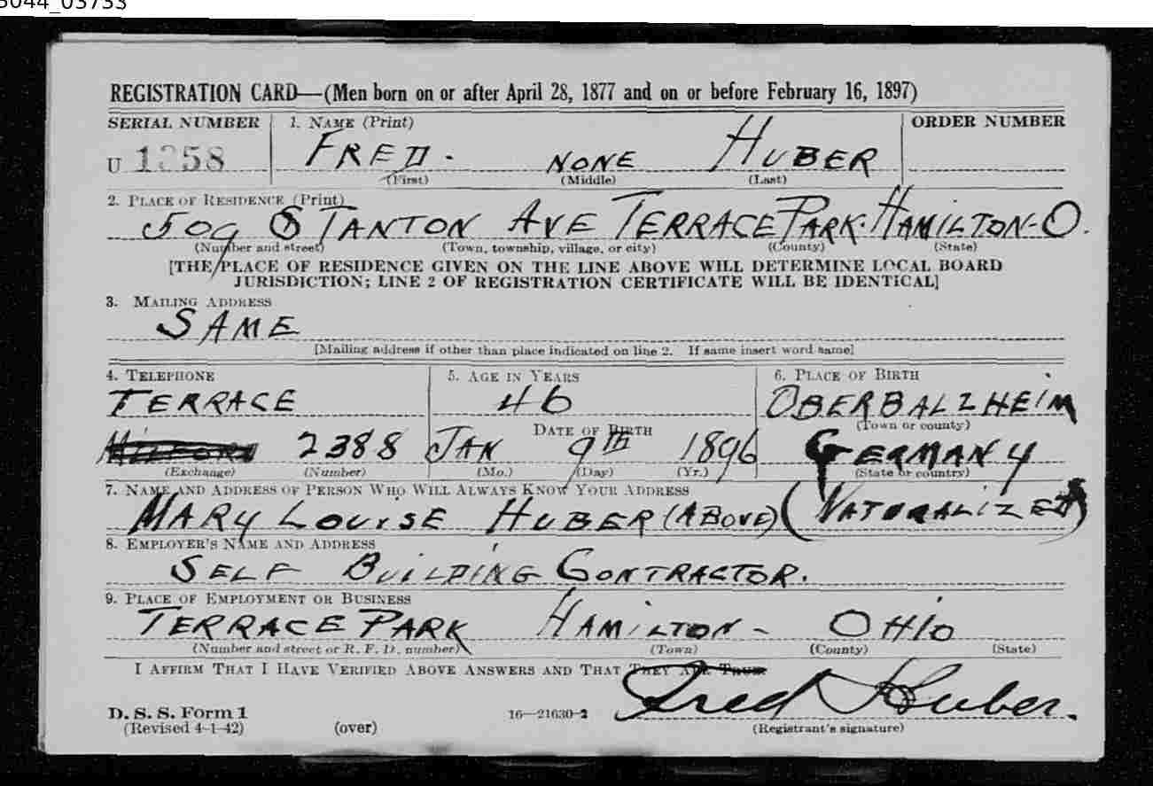 World War II Registration Card for Fred Huber 